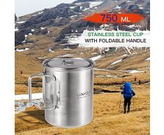 Lixada Tazza da Campeggio 750ml Inossidabile Acciaio Pentola Portatile Acqua Boccale Tazza con Coperchio e Pieghevole Maniglia