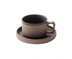 YUNZI Set di 2 Tazzine da caffè con Piattino, Tazzine da caffè con Manico, Set di Tazzine da caffè E Piattino Vintage in Gres, Tazza con Ghirlanda Creativa, Tazza dArte Antica, Piattino,Marrone