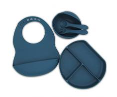 Baby Carey - Set Pappa Svezzamento Bambini - Piattino Pappa Svezzamento + Tazza ventosa bambini + Cucchiaio e bavaglino in silicone - Set Svezzamento prima pappa - No BPA - Blu scuro