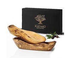 SOLTAKO Set di 2 Cestino per pane rustico - Cestino di Frutta in legno dulivo - Piatto da portata per baguette, frutta - Cesto di frutta - Ciotola presentato in unelegante scatola, Circa 30-34 cm