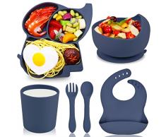 Hoseay Set Pappa Svezzamento Bambini Silicone Piatti Bambina Kit con Ventosa Piatto Cucchiaio Forchetta Ciotola Bavaglino Tazza Senza BPA 6 Pezzi Set Pappa Prima Neonato Sicurezza Lavastoviglie, Blu