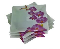 Set di 6 piatti piani in vetro - motivo orchidea - forma quadrata 25x25 cm - fiore bianco e viola - piatti per la casa o il ristorante - design elegante molto bello