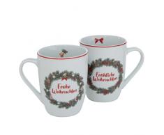 2 tazze in porcellana a forma di corona natalizia con scritta Frohe-, allegro Natale, altezza 10 cm, diametro 8 cm