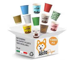 AKITAInk 1000 Pz Bicchieri Caffe Carta Biodegradabili Biocompostabili Tazzine 75 ml Made in Italy 100% Top Qualità