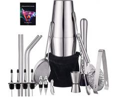 HB life 21 Pezzi Cocktail Shaker Set in 304 Acciaio Inossidabile Completo Professionale con Borsa di Stoffa 750ml＆550 Shaker