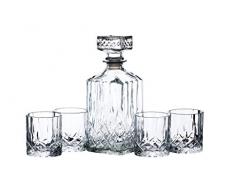 BarCraft Decanter per Whisky e set da Regalo in Vetro, Set da 5 Pezzi in Vetro Tagliato, Decanter da 900ml con Tappo in Silicone e 4x Bicchieri, 26 x 10 x 24cm