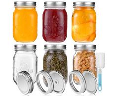 YUEYEE Barattoli Vetro con Coperchi e Bande, 450ml Barattolo di Stoccaggio Alimentare per Alimenti Fatti in Casa Marmellata, Yogurt, Sottaceti, con 18 Pezzi Coperchi di Ricambio, 6 Confezioni