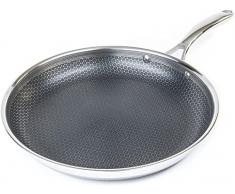 HexClad Padella ibrida in acciaio inox da 12 pollici con manico resistente al freddo senza PFOA, lavabile in lavastoviglie e in forno, antiaderente, funziona con piano cottura a induzione
