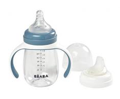 BÉABA - Biberon/Tazza di Apprendimento 2 in 1, Tazza con cannuccia per Bambini, 100% a Tenuta, Salvagoccia, Facile da aprire, Manici Removibili, Tritan e Silicone, 210 ml, Blu