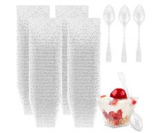 CYH 100 Pezzi Mini Tazze da Dessert, 60 ml Riutilizzabili Glitter Coppette da Dessert in Plastica con 100 Cucchiai, Bicchierini da Dessert Trasparente per Aperitivo Mousse Budino Dessert - Argento