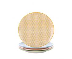 Vancasso Natsuki Set 4 Pezzi Servizio da Tavola in Porcellana Set di Piatti da Dessert, Piatti Piatto, Piatti Fondi Insalata Pasta Pizza Tondo Colore Verde Blu Giallo Arancia con Bianca per 4 Persone