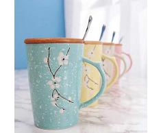 Tazza in ceramica eco Compresa di coperchio di chiusura in legno e cucchiaino - Ideale come idea regalo - Tazza da thè, caffè, latte Vendute singolarmente Capacità 400 ml Colore Rosa