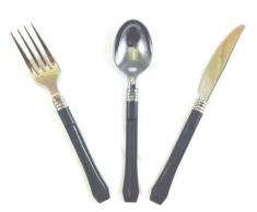 36 posate in plastica effetto argento, usa e getta, colore: nero, con manico in Plastica-Set di posate da tavola da pranzo, %2F) Festival coltello, forchetta, cucchiaio da tavola