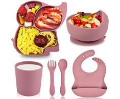 Hoseay Set Pappa Svezzamento Bambini Silicone Piatti Bambina Kit con Ventosa Piatto Cucchiaio Forchetta Ciotola Bavaglino Tazza Senza BPA 6 Pezzi Set Pappa Prima Neonato Sicurezza Lavastoviglie, Rosa