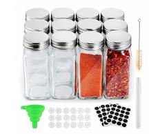 JUVEL Barattoli Spezie Vetro Barattoli Portaspezie Cucina - 12 Pezzi 120ml Vasetti per Spezie Vetro Contenitori Spezie pour Cuisiner Kit per Condimenti con Etichette, Imbuto, Spazzola