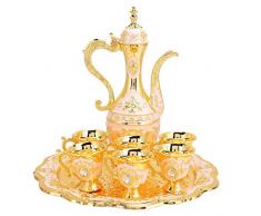 Vintage Turco caffè tè Set, Reale Teiera Turca con Vassoio e 6 Tazze da tè Vino Bere Tazza di caffè in Metallo Bicchieri da tè Set Caffettiera Marocchina per Casa caffè tè Partito (Rosa)