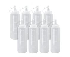 Biberon Cucina Salse con Tappo, dosatori e contenitori da Cucina, Maxi oliera in plastica Trasparente da 200 ml, contenitori Ketchup e maionese, Mostarda, Salsa Piccante e Olio d’Oliva (8 Bottiglie)