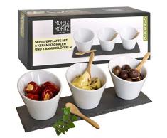 Moritz & Moritz 7 pz. Serving Set bay Leaf - Ciotole in Ceramica Vassoio in Ardesia e Cucchiaio di bambù - per Salse Snack antipasti Dessert