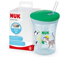 NUK 10255599, Action Cup bicchiere con riutilizzabile cannuccia per bambini, 12+ mesi, Coperchio con chiusura ad avvitamento e cannuccia morbida, A prova di perdite e lavabile, Senza BPA, 230ml, verde