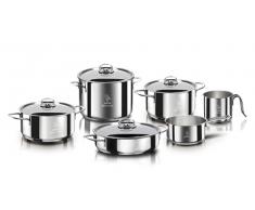 Aeternum Divina Batteria 10 Pezzi in acciaio inox, 1 Bollilatte, 3 Casseruole 14-16-20cm, 1 Pentola 18cm, 1 Tegame 24cm, 4 Coperchi 16-18-20-24cm, Adatta a Induzione, Lavabile in lavastoviglie