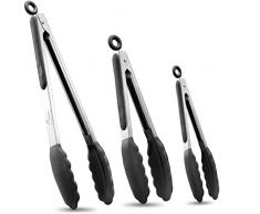 Hotec Pinze da Cucina,Pinza Spaghetti,Pinze de Barbecue Acciaio Inoxe Silicone di Alta qualità,Sistema di Bloccaggio Intelligente,Set da 3,Nero