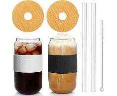 Anoion, barattolo di vetro con coperchio e cannuccia, in bambù, 567 g, riutilizzabile, bicchiere per viaggi, ufficio, casa, tè, caffè, margarita, bibite, succhi di frutta, cocktail, set da 2