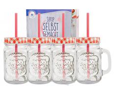 Set di 4 bicchieri in vetro con manico, coperchio e cannuccia con ricette – rosso a quadretti – Bicchiere con sollievo, 0.5 l – Per succhi di frutta, frullati e altre bevande