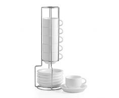 Sweejar Set di 6 tazze da caffè e piattino, impilabili, in porcellana Demitasse con supporto in metallo, 70 ml, per latte, caffè, cappuccino, tè bianco