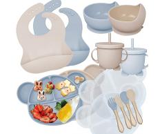 Hoidokly Set Pappa Svezzamento Bambini 14 Pezzi con Ventosa Piatto Ciotola Tazze Cucchiaio Forchetta Bavaglino Silicone Antiscivolo Impermeabili Set Pappa per Bambino Neonati senza BPA,2 tute colorate