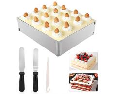 WisFox Stampo regolabile per mousse, in acciaio INOX, rettangolare, 17,5-25 cm x 32 cm-48 cm, regolabile, telescopico, per torte fai da te, set di 2 spatole per glassa e 1 coltello