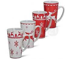 Matches21 - Set di 4 tazze natalizie, in ceramica, 14 cm, 450 ml, colore: Rosso/Bianco