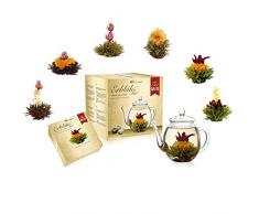 Creano Miscela di fiori di tè - set regalo dorato con teiera in vetro tè bianco, verde e nero in 6 varietà regalo per donna Nero/Bianco/Verde Set da 7 pezzi