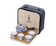 fanquare Servizio da Tè Portatile da Viaggio in Porcellana, Set da Tè Kungfu Blu e Bianca, 1 Teiera, 4 Tazze da Tè e Vassoio da Tè in Bambù con Borsa