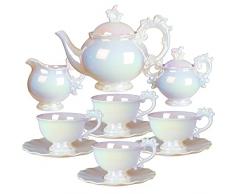 fanquare Servizio da Tè in Porcellana Inglese da 15 Pezzi, Moderno Set da Tè Iridescente per Le Donne, Grande Tazzine Caffe Bianca Arcobaleno