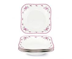 fanquare Set di 4 Piatti Quadrati da Insalata in Porcellana, 18.8cm Piatti da Dessert Floreale Rosa, Ciotole Insalata Grande