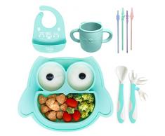 Brunoko piatto pappa Set 5in1 - Piatto di aspirazione + Cucchiaio + Bavaglino in silicone + Tazza per bambini riutilizzabile + Cannucce in silicone 5in1 - Silicone BPA Free - Lavabile in lavastoviglie