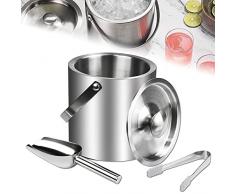 SCHYIDA Secchiello Ghiaccio con Coperchio 2 L Portaghiaccio per Bottiglie Secchiello Portaghiaccio con 1 Pinze Ghiaccio 1 Paletta Giaccio in Acciaio Inox Cestello Ghiaccio per Bottiglie (15.5*15.2CM)