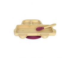 BIOZOYG Set con Piatto di bambù Macchinina I Piatto con Base a Ventosa e Cucchiaio - Certificato FSC I Set con Ciotola in Legno di bambù per Bambini da merenda I Stoviglie di bambù Rosse