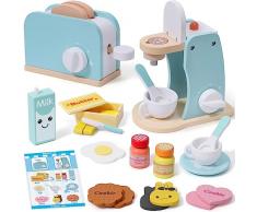 Macchina da Caffè Bambini & Tostapane Giochi in Legno Accessori da Cucina con Fette di Pane Burro Latte Salsa Uovo Cucina Giocattolo in Legno Gioco Educativo Regalo per Bambina Bambini 3 4 5 6 7 anni
