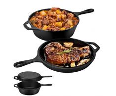 Ikodm Pentola in ghisa 2 in 1 Dutch Oven set, per forno olandese, pronta alluso, in ghisa con coperchio da 1,3L e padella da 3,3L, per cucina, campeggio, giardino, barbecue a gas, pentola a fuoco