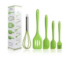 BINHAI Set di utensili da cucina in silicone a spatola verde - Spatole Pennelli per imbastitura Pennello per olio da pasticceria Frullino per le uova Tornitore scanalato - Resistente calore per