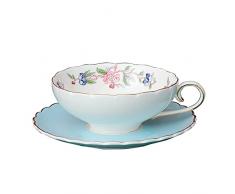 fanquare Tazza e Piattino in Porcellana, Tazza da caffè in Fiore di Loto Rosa e Uccello, Tazza da tè con Finiture in Oro, Blu
