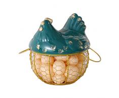 Cesto portauova in metallo con rete dorata, con coperchio in ceramica e manici