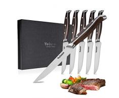 Velaze Coltelli da Tavola da Bistecca, Coltelli da Carne in Acciaio Inox da Carbonio Tedesco con Manico Nero da Collezione Triple Rivet, Coltello da Cena da Lama 12 cm, Set 6 Pezzi con Pacco Regalo