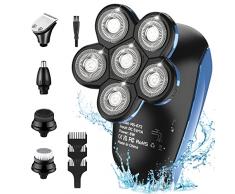 Rasoio Elettrico Barba Testa Calva,Tagliacapelli Uomo 5 in 1 Impermeabile IPX7, 6 Testine Rotanti, Lame a Doppia Traccia e Flessibili, Wet & Dry 100% Lavabile, USB Ricaricabile Senza Fil