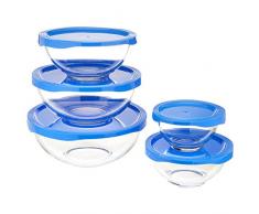 Amazon Basics ciotola in vetro per mescolare, 5 ciotole e 5 coperchio senza bisfenolo A, 10 unità, 1 x 490ml, 1 x 880ml, 1 x 1.4L, 1 x 2.4L, 1 x 3.3L, Trasparenti Con Coperchi Blu