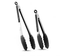 HOTEC Pinze da Cucina,Pinza Spaghetti,Pinze de Barbecue Acciaio Inoxe Silicone di Alta qualità,Sistema di Bloccaggio Intelligente,Set di 2-23cm e 30.5cm, Nero
