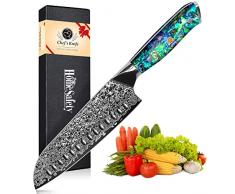 Coltello Damasco Coltello Santoku con Lama Estremamente Affilata di 18 cm Realizzata con 67 Strati di Acciaio Damasco VG-10 Coltello da Cucina Spelucchino Damasco, Manico in Conchiglia di Abalone