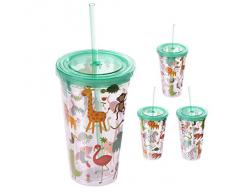 Puckator CUP05 - Bicchiere in plastica, con Cannuccia e Coperchio, Motivo Animali dello Zoo, 10 x 10 x 16 cm, Colore: Giallo/Verde/Arancione/Marrone/Trasparente