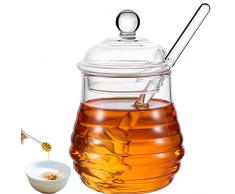Contenitori per Miele, Barattolo di Miele di Vetro, Contenitore Miele con Cucchiaio per Miele, Dispenser per Miele, Contenitori Barattolo Cucina Stoccaggio Vasetti per Conservare Miele e Sciroppo